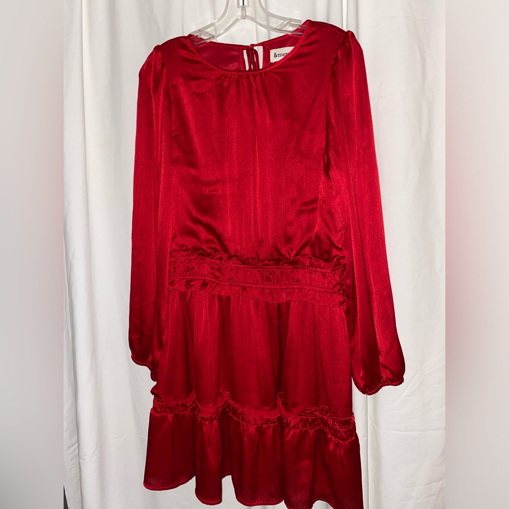 &Merci Ruby Red All The Cheer Ruffled Back Tie L/S Dress Sz S
